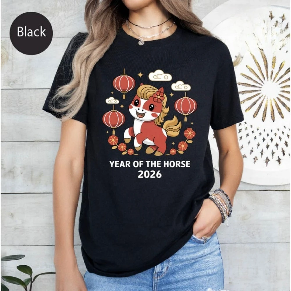 

Year of The Horse 2026 Shirts Lunar New Year Horse women Tshirts Chinese New Year Horse Gift Tee High Quality Cotton Tops