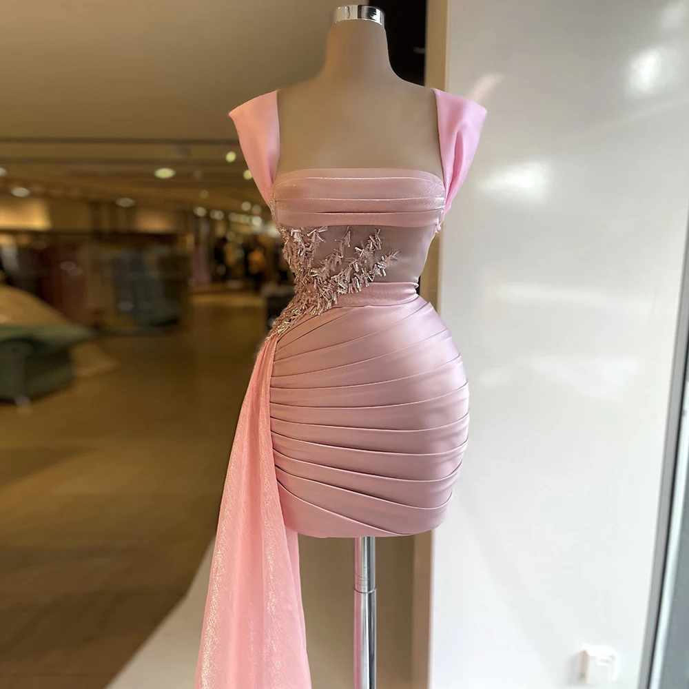 

Pink Cocktail Dresses 2023 Satin Beading Spaghetti Strap Sexy Prom Gowns Custom Made Pleat Sheath Mini Evening Party Dress