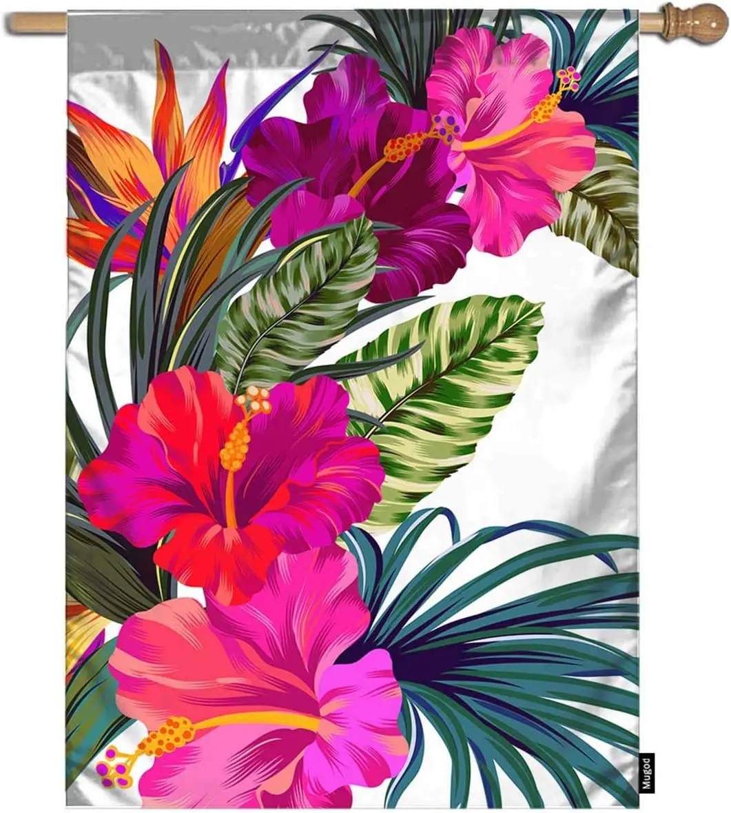 Mugod Tropical Flowers Garden Flag Beautiful Hibiscus and Palm Retro Hawaiian Style Bouquet Decorative Spring Summer Outdoor Hou