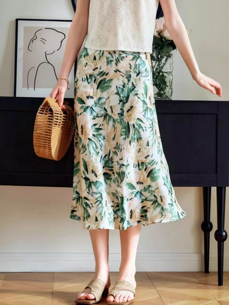 

Женская юбка-трапеция OLrain, новинка весны 2026, французский элегантный стиль, с цветочным принтом, из атласа, на резинке, повседневная свободная юбка миди O24XB92168