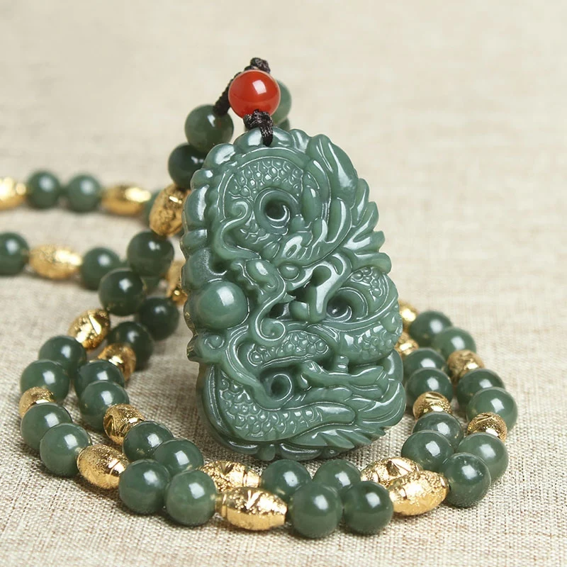 Excellent Dragon Pendant Amulet Bead Hanging Green Jade Necklace Lucky Chinese Zodiac Mascots