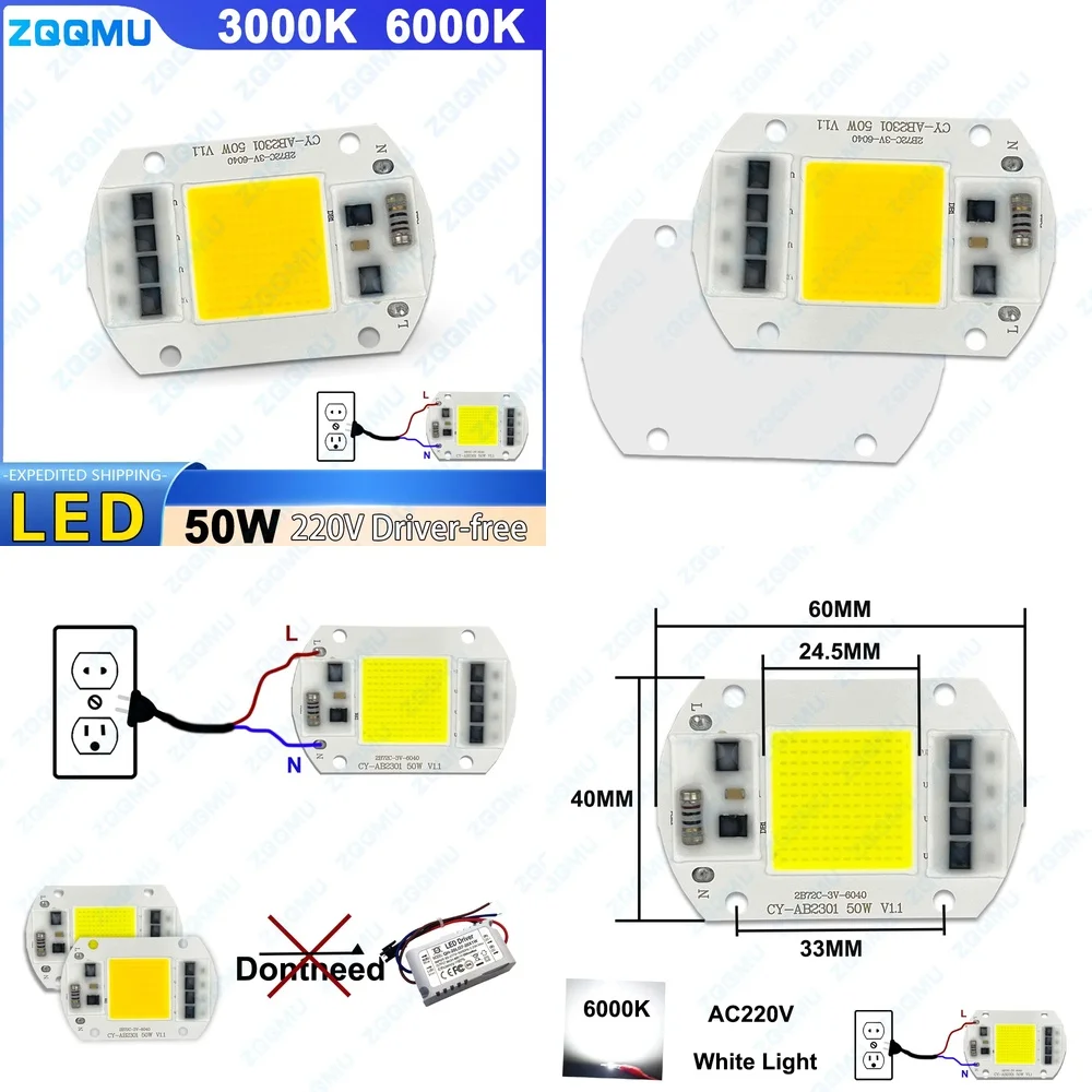 

50W LED COB Chip No Driver Required Floodlight Spotlight 6000K White 3000K Warm White Lamp Bead Lighting for Home Office Outdoor
