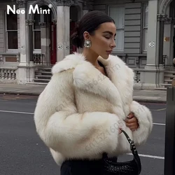 2024 Winter Women Thicken Faux Fox Fur Coat Luxury Brand Runway Yellow Gradient Cropped Fluffy Fur Jacket Overcoat Outerwear