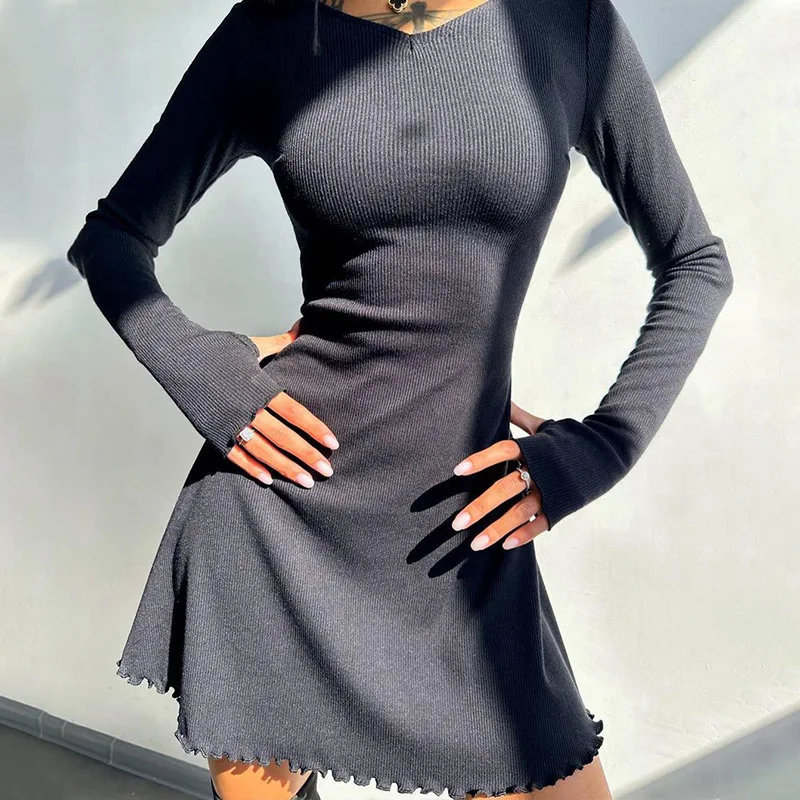 Cryptographic Solid Knitted Mini Dress for Women Elegant Outfits Fall Long Sleeve Bandage A-Line Vestido Plunge Dresses Clothes