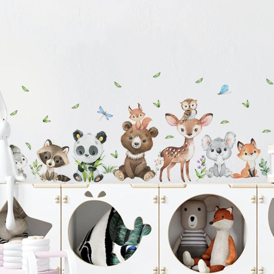 Cartoon Woodland Animals Bear Raccoon Rabbit  Wall Stickers for Kids Room PVC Vinyl Wall Decals Baby Room Decoration Home Decor