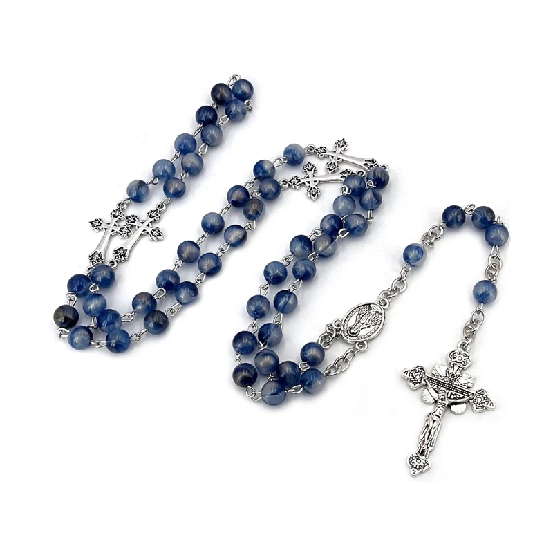 Blue Acrylic Beads Rosary Necklace Crucifix Pendant Long Catholic Jewelry For Men Women