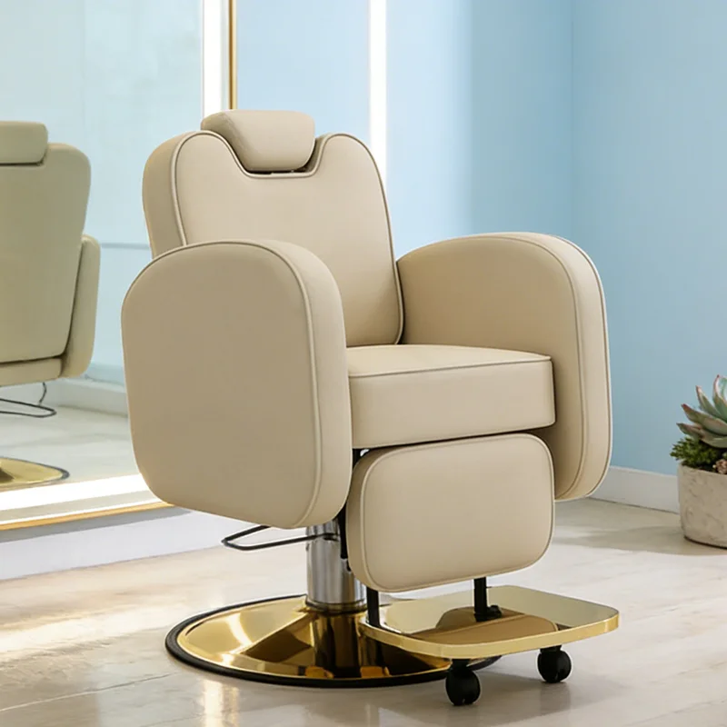 Luxury beauty salon furniture leather hairdressing styling shaving chair modern gold round base electric reclining barber chair