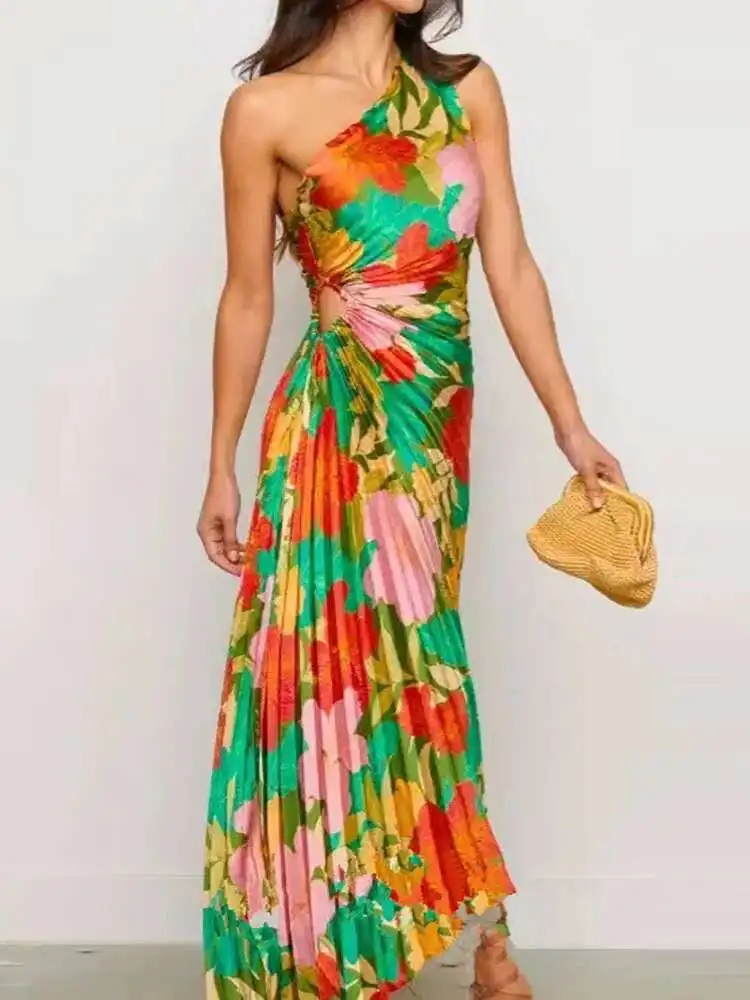 

Повседневное вечернее женское летнее платье макси без рукавов с косым воротником в стиле пэчворк, женское платье с принтом на одно плечо 2025 года