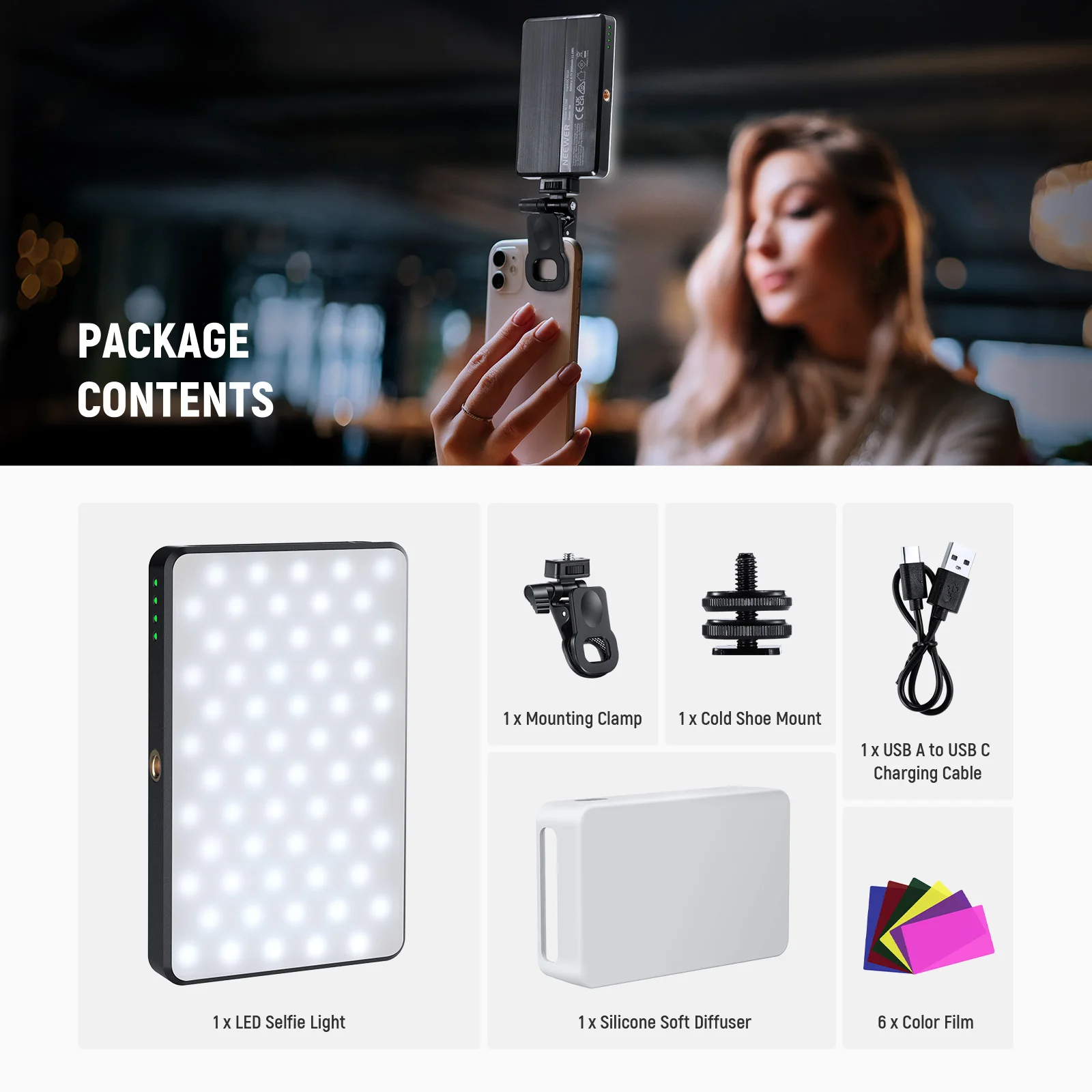 NEEWER LED-Selfie-Telefonlicht, wiederaufladbares 2500–9000 K Clip-on-Fülllicht, CRI95+ dimmbare Videokonferenzbeleuchtung für iPhone – Detail 9