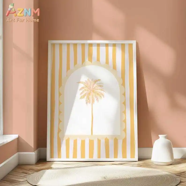 AZNM Yellow White Striped Arch Palm Tree Canvas Print Boho Neutral Tropical Minimalist Wall Poster Unframed Coastal Living Room