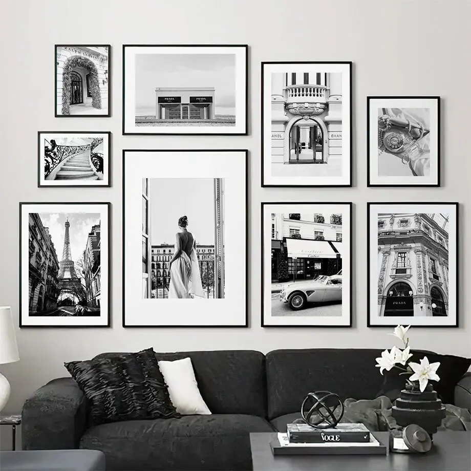 1pc Canvas painting  Parisian Chic Fashion Girl Canvas Print - Black & White Champs Elysees Poster for Living Room Wall Decor