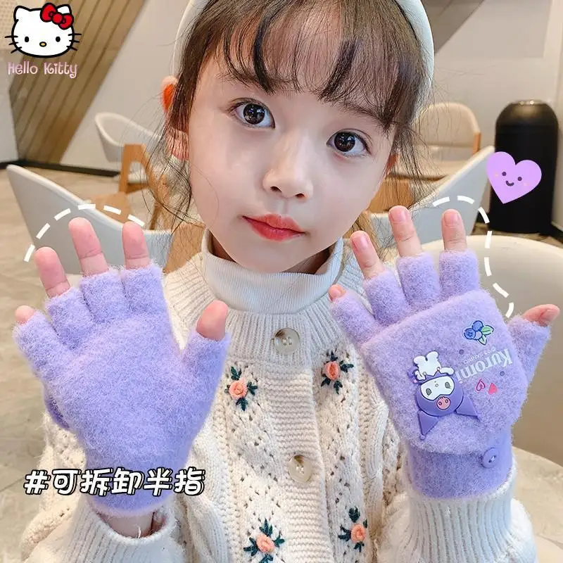 

New My Melody Autumn Winter Cartoon Warm Half Finger Gloves Kawaii Anime Five Finger Children's Writing Thickened Gloves Sanrio