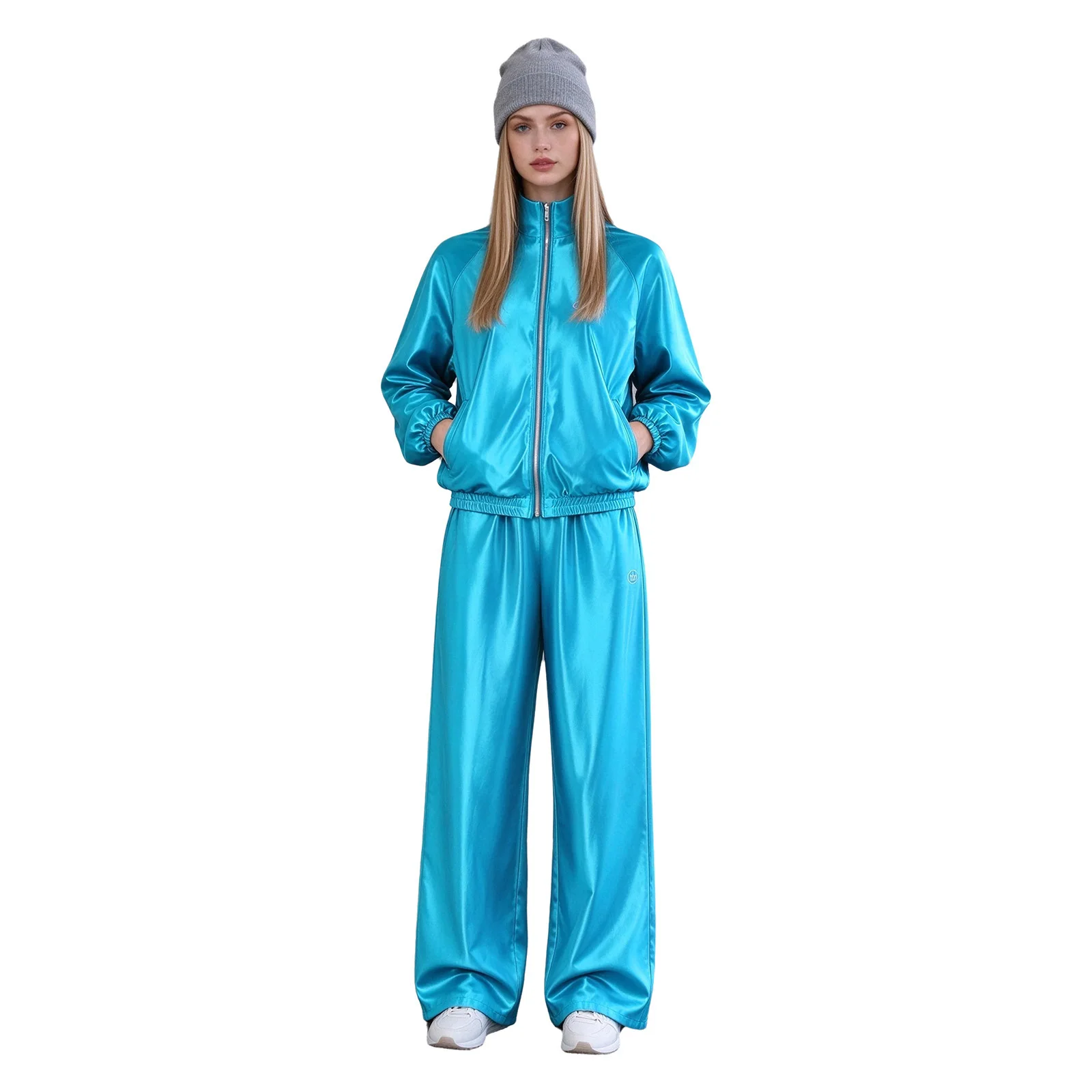 Women Satin Stand Collar Sweatshirt Jacket Wide Leg Trousers Pants Sets Hip Hop Clothes Fashion Street Dance Outfits Streetwear