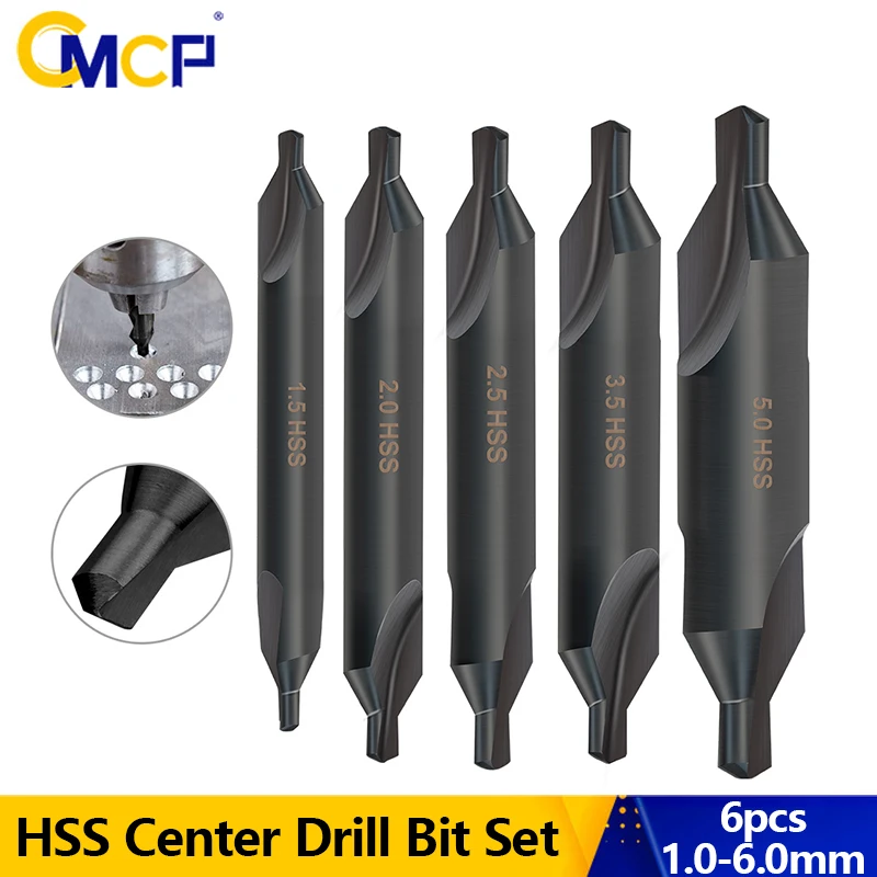 CMCP Countersink Drill Bit HSS Center Drill Bit Set 1/1.5/2/2.5/3.5/5/6mm 60 Degrees TiN Coated Combined Center Drills For Metal