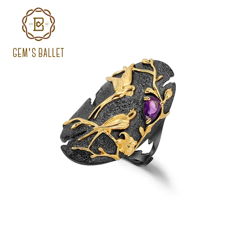 GEM'S BALLET 925 Sterling Silver Art Jewelry Handmade Loving Bird Nature Amethyst Woman’s Adjustable Statement Cocktail Ring