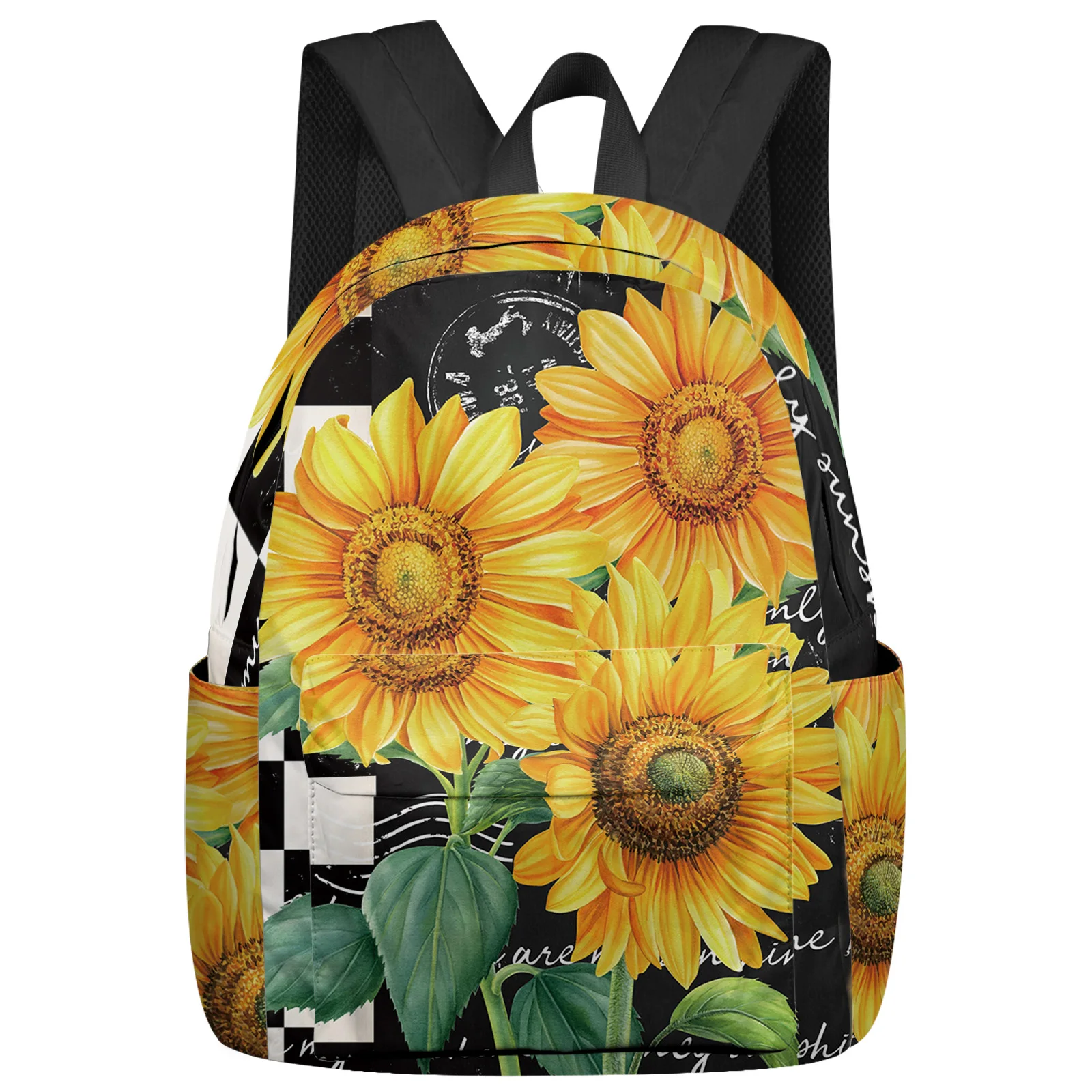 

Farm Sunflower Plaid Black Women Man Backpacks Waterproof Travel School Backpack For Student Boys Girls Laptop Bags Mochilas