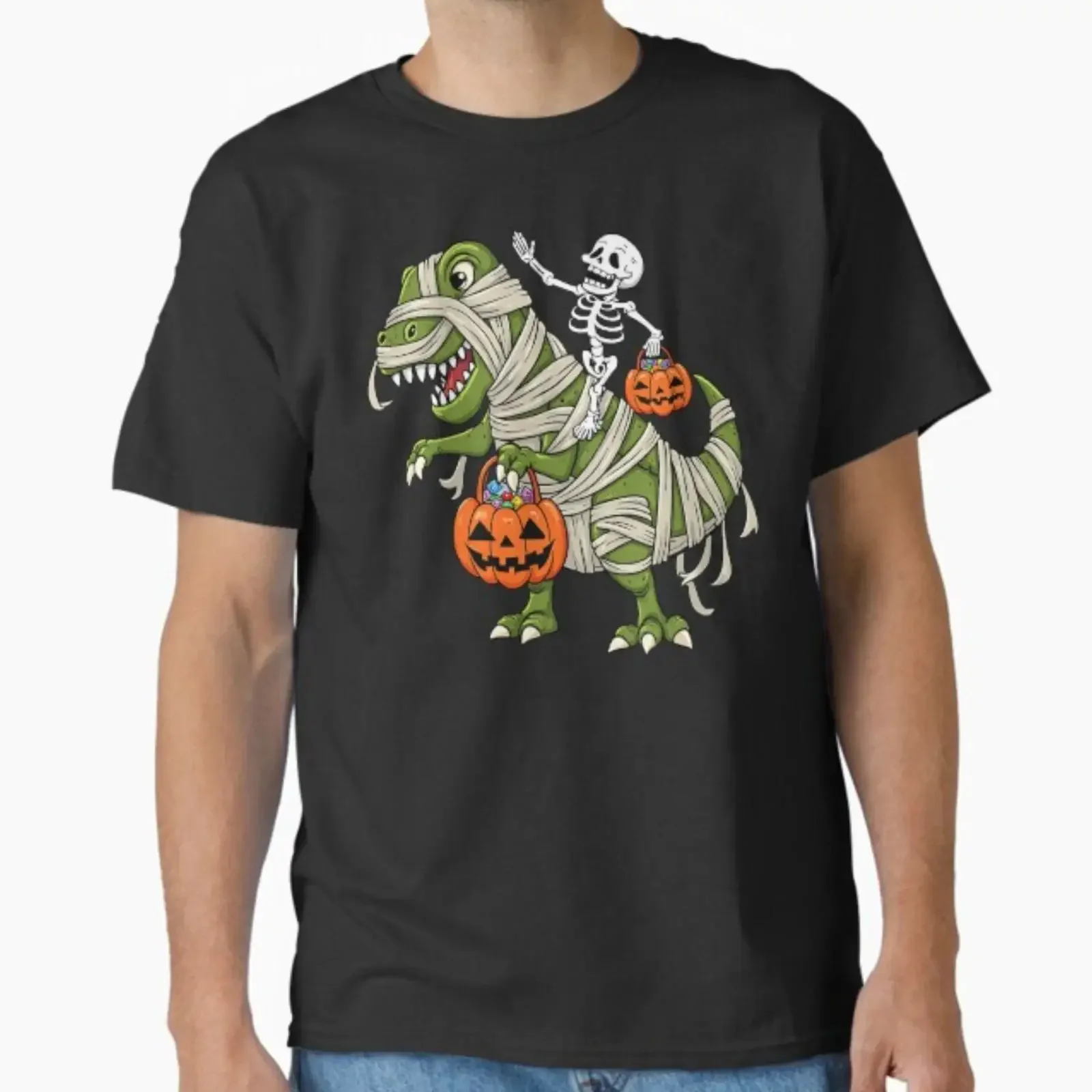 Skeleton Riding Mummy Dinosaur T rex Halloween Lustiges Kürbis-Shirt im Vintage-Stil, gewaschen, vielseitig, dehnbar, atmungsaktiv, weich, lässig