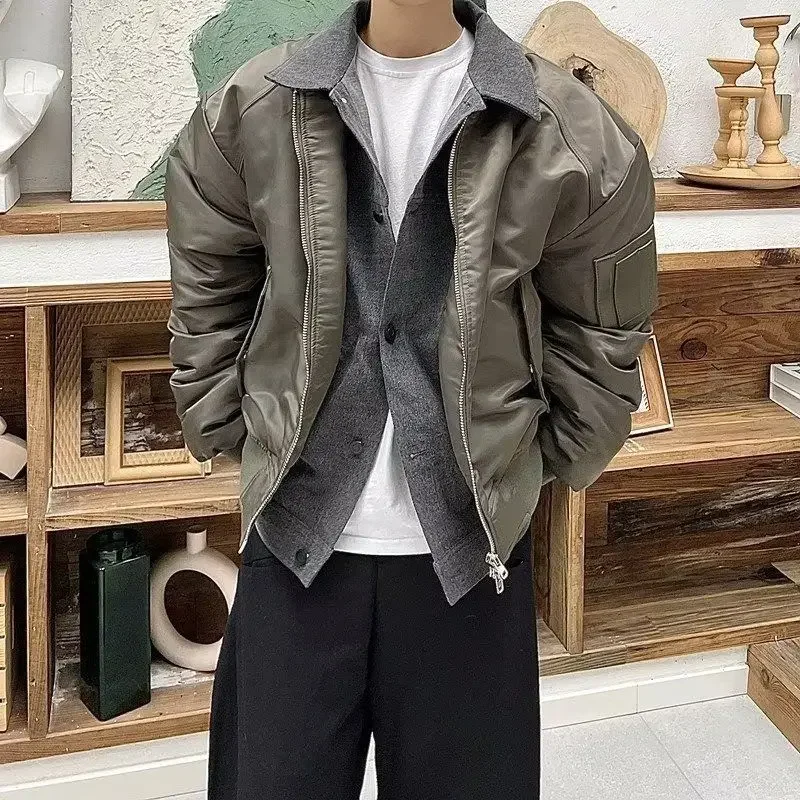 Ins Style Men's Baseball Jacket Retro Double Layer Thermal Coat with Color Blocking Patchwork Winter Outerwear