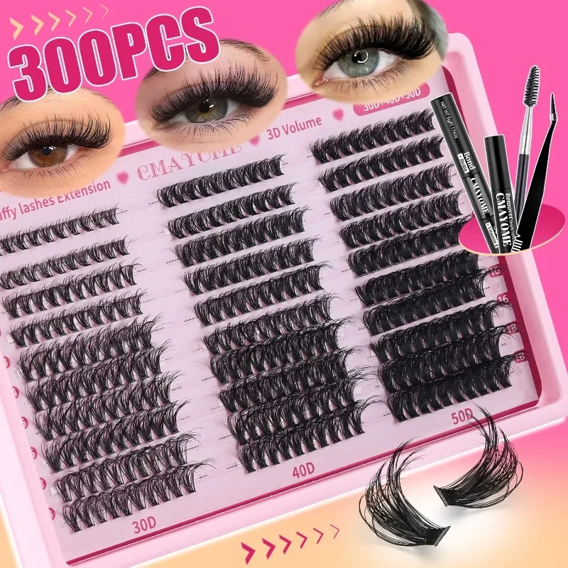 5D Fluffy Thick Eyelash Clusters D Curl Wispy Individual Lashes 300PCS 30/40/50/60/80/100 Mix Eyelash Extensions with Glue Tools