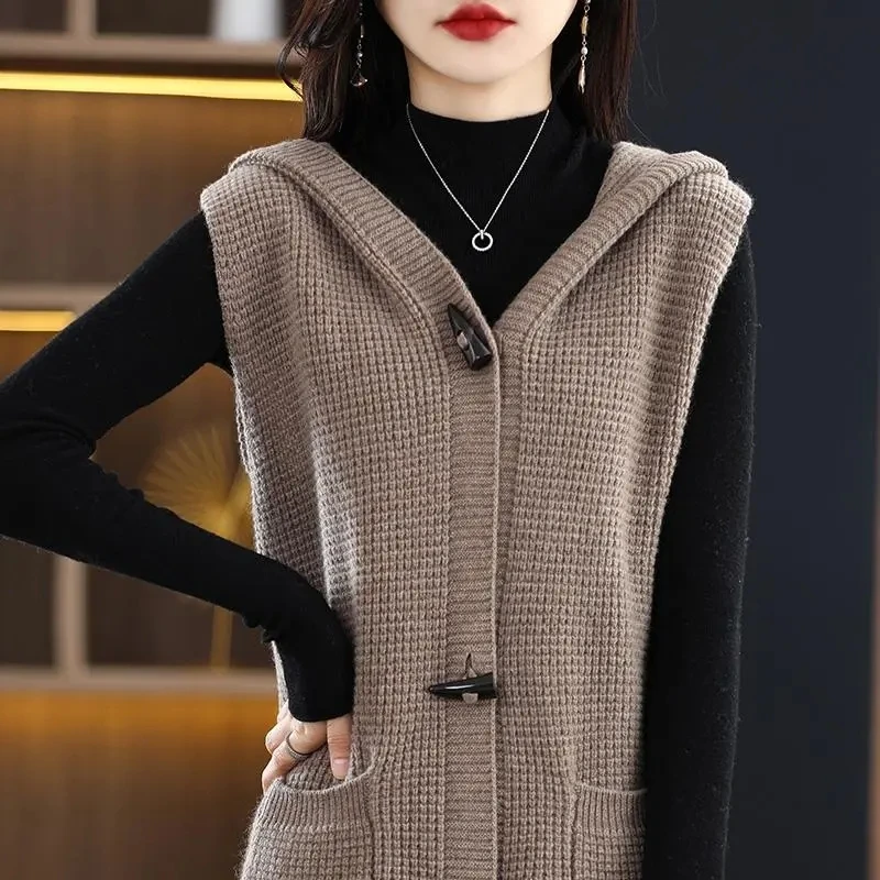 

Knitted Cardigan Sweater Waistcoat Women's 2023 New Autumn Winter Mid Long Hooded Single-Breasted Loose Sleeveles Knitting Vest