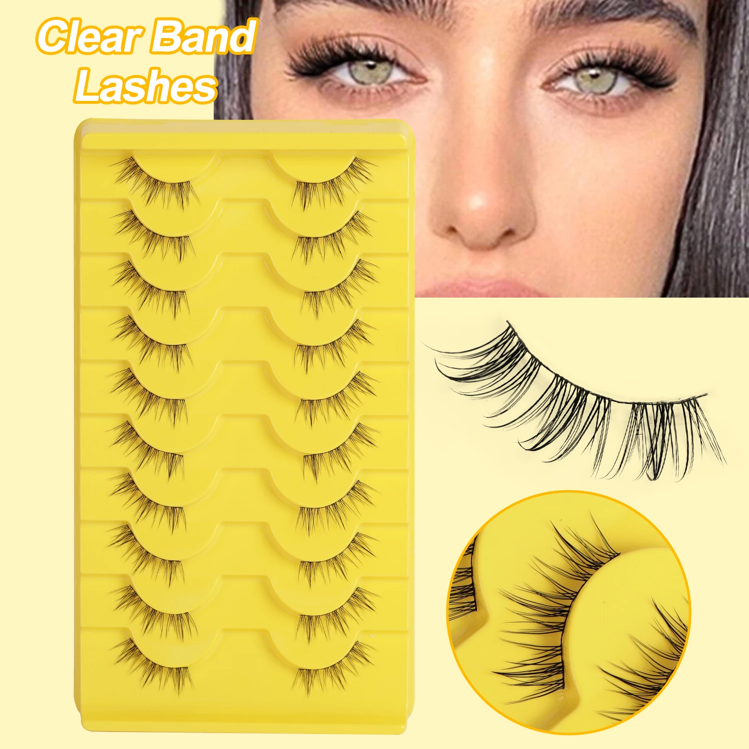 

​ 10 пар накладных ресниц, полужесткая лента — легкий и не линяет, 3D объемный естественный крой для ежедневного использования, реалистичный крест-накрест