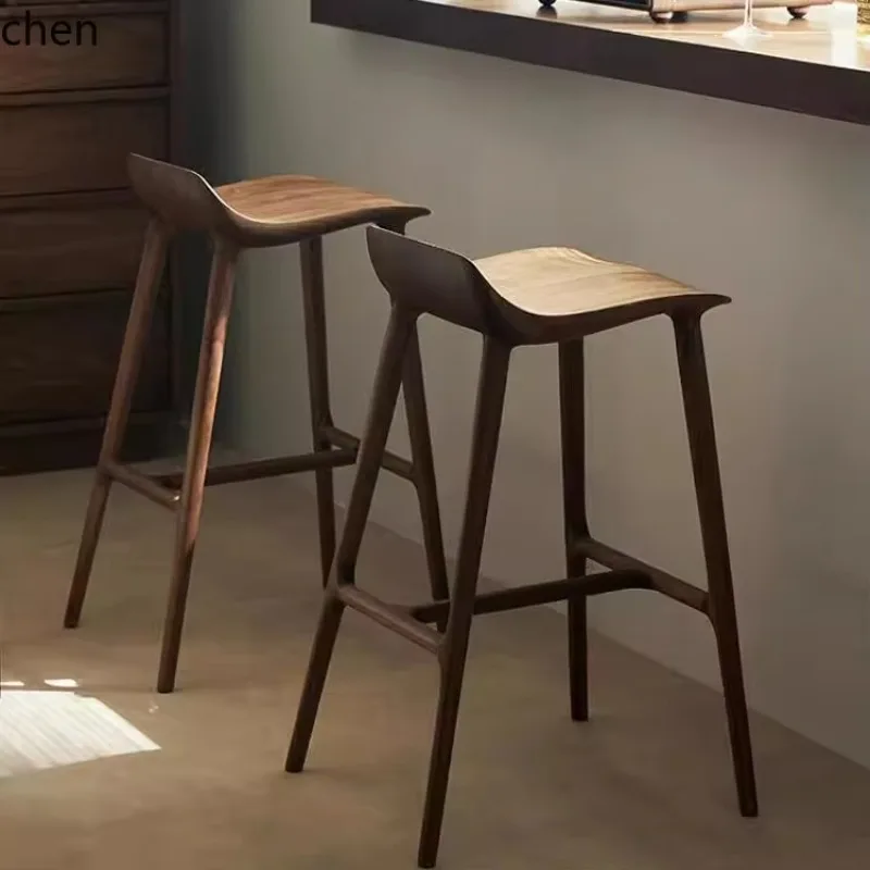 HXL Black Walnut Wood Bar Stool High Chair All Solid Wood Cafe Bar Stool