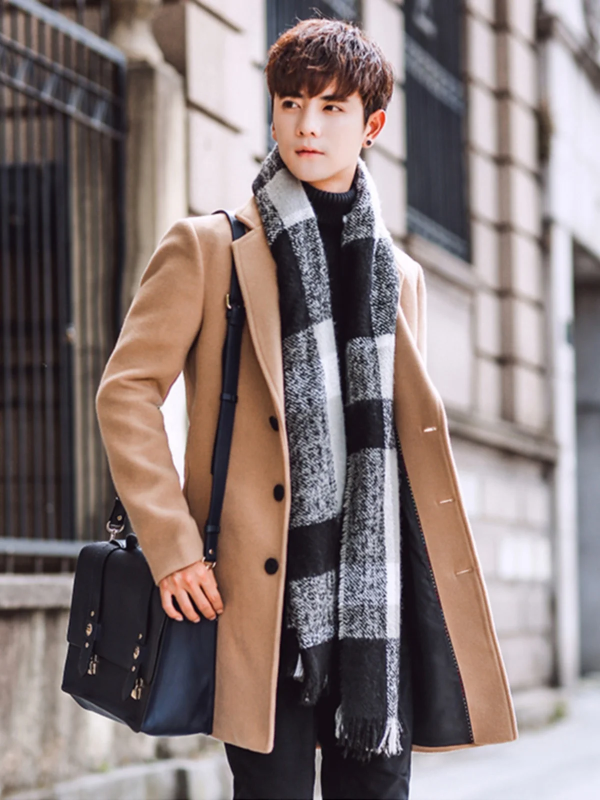 

Men's Autumn Winter Thiened Woolen Coat Sli Korean Version Mid-Length Faionable Cotton Blend Tweed Jaet for Youth