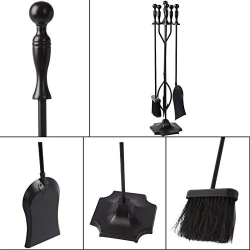 GARDEN & HOME 5 Pcs Fireplace Tools Sets Black Handle Wrought Iron Large Fire Tool Set and Holder Outdoor Fireset Stand Rustic