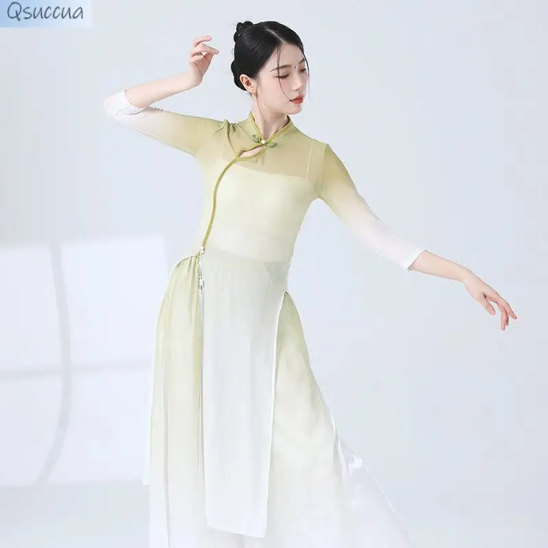 Mulheres roupa de dança clássica elástica, Tops Estilo Nacional, Gradiente Cheongsam, Performance Prática de Rima Corporal, Mulheres