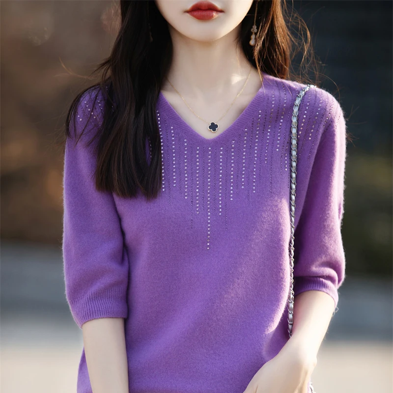 Spring Autumn First-line Clothing Wool Knitted Short-sleeved Ladies V-neck Diamond-encrusted Five-point Sleeves Bottom Shirt