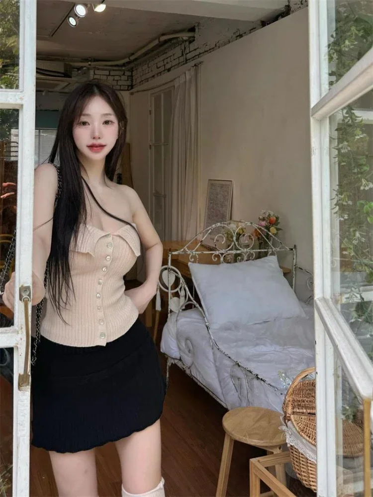 Y2k Ästhetische Sexy Off Schulter Rosa Strickjacke Frauen Streetwear Abgeschnitten Bodycon Strickjacken 2025, Fee Einreiher Grunge Tops