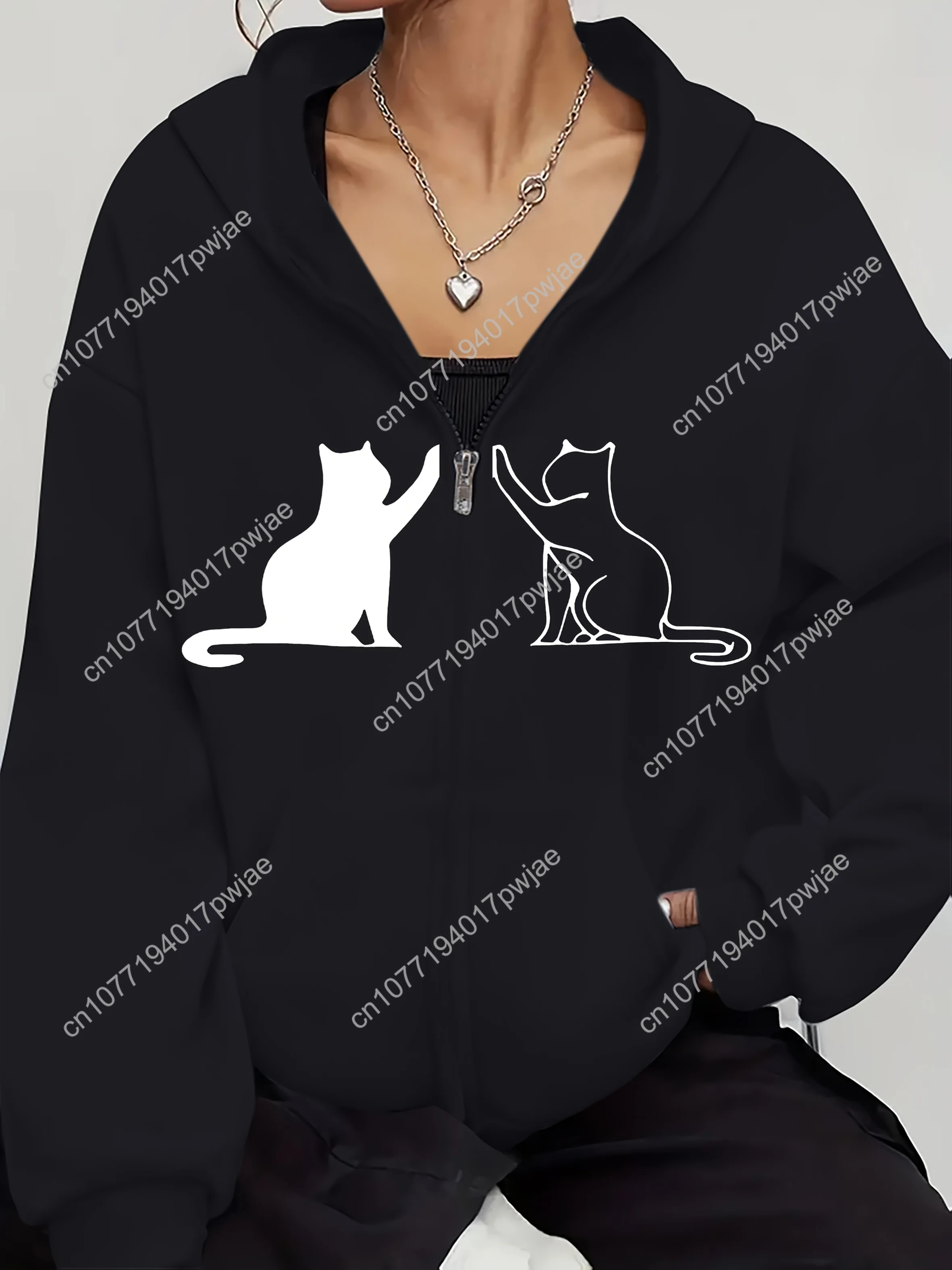 Moletom feminino com estampa de gato preto brincalhão – manga comprida, jaqueta casual com zíper e detalhes de malha canelada, tecido de poliéster elástico, todos