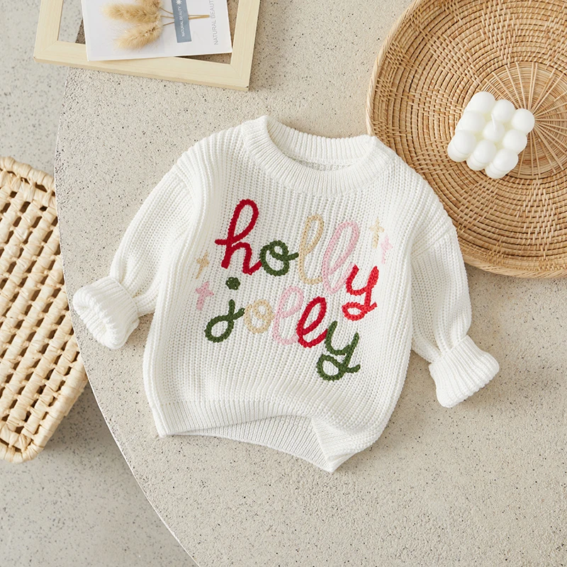 Suefunskry Baby Boy Girl Christmas Sweater, Long Sleeve Crew Neck Letters Knitted Pullover Fall Winter Warm Tops Infant Clothes