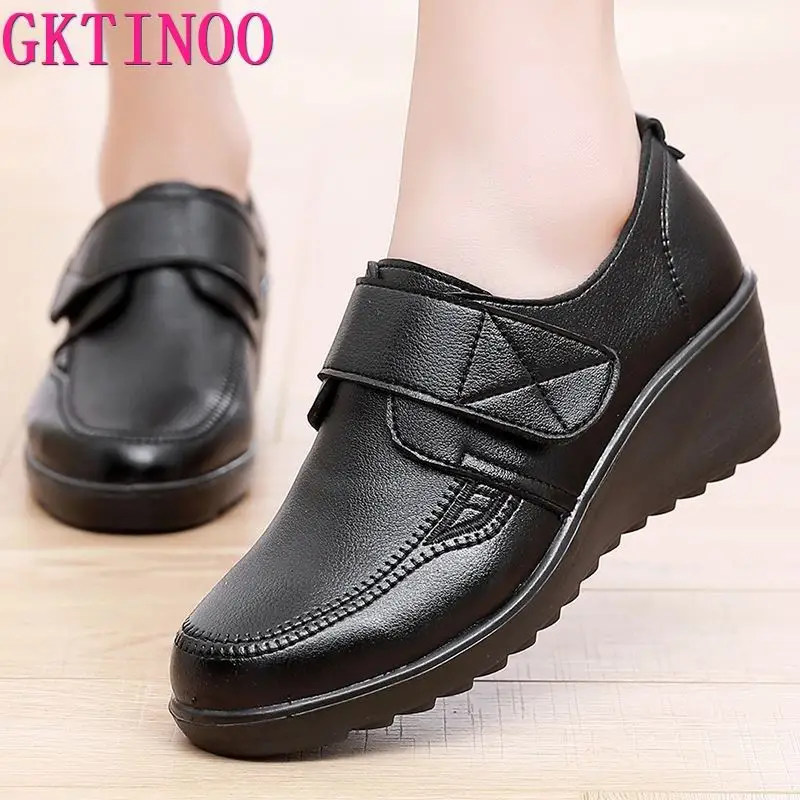 GKTINOO 2024 Spring Autumn New Women\'s Single Shoes Wedges Soft Sole Comfortable Large Size Mother\'s Leather High Heels Shoes