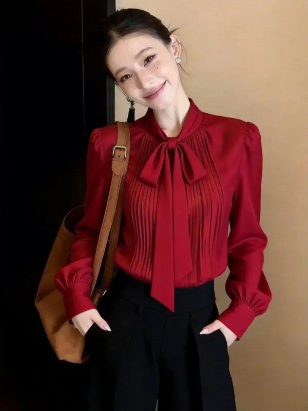 

Casual Sle Red Knot Tie irt Top Women's Premium Commute Spring 2026 New Sle Slimming Effect Long Sve Knitted