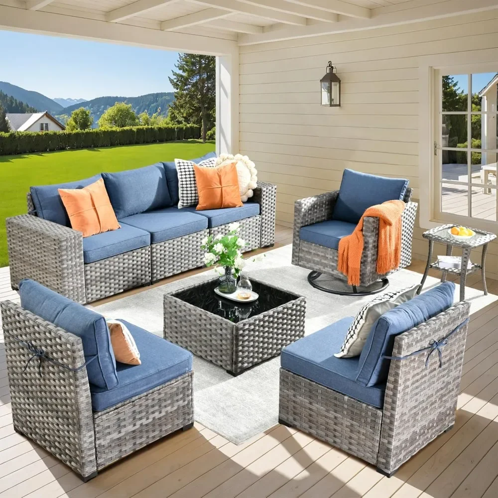 

Patio Furniture Set 8 Pieces, Sofa with Swivel Rocking Chairs, Wide Arms and Deep Seat, Wicker Rattan Outdoor Sectional Sofa