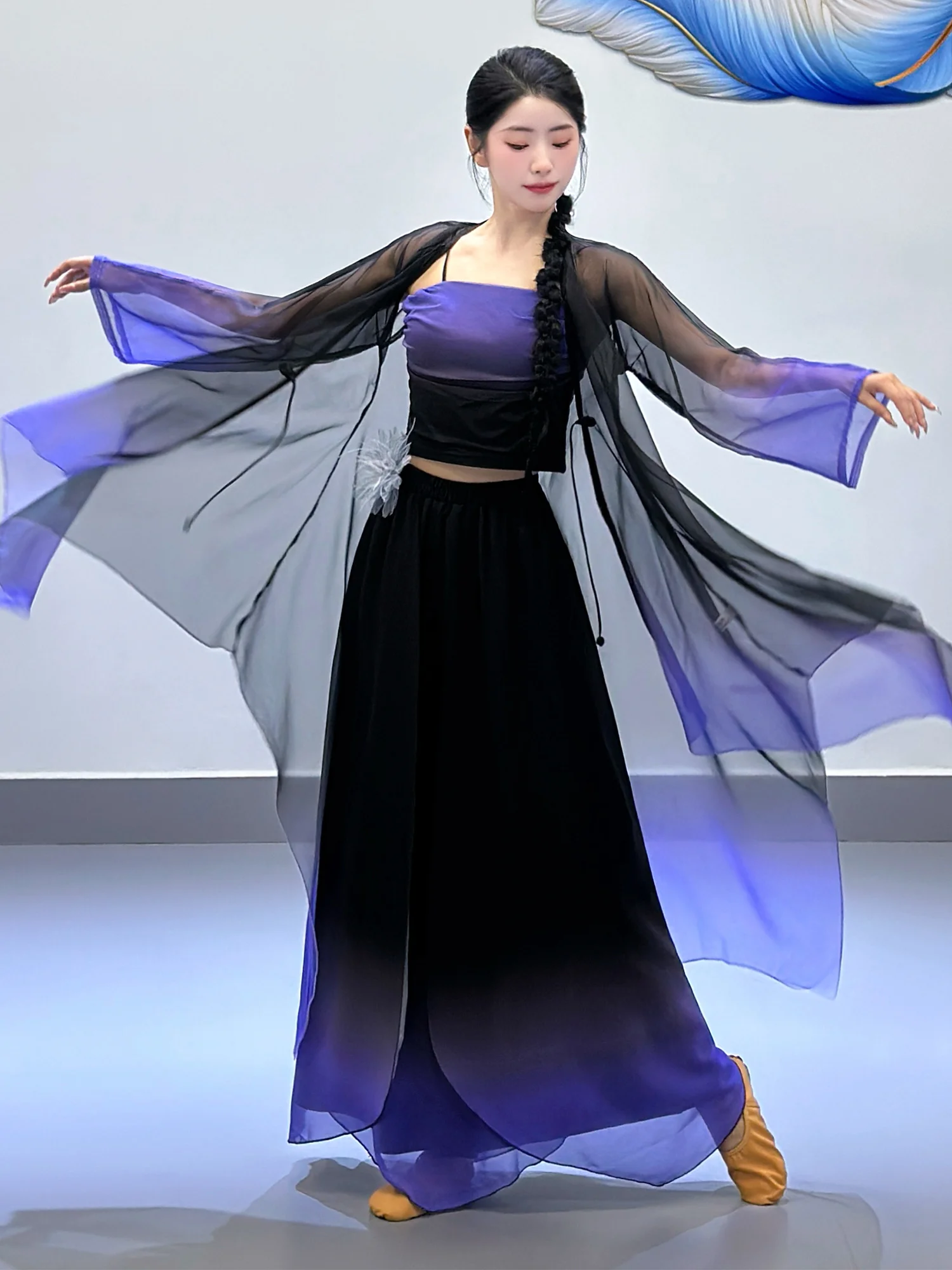 

Длинный древний китайский танцевальный костюм Ele, фиолетовый Bla Silk irt National Faion Jazz k Series, танцевальная одежда для эльфа