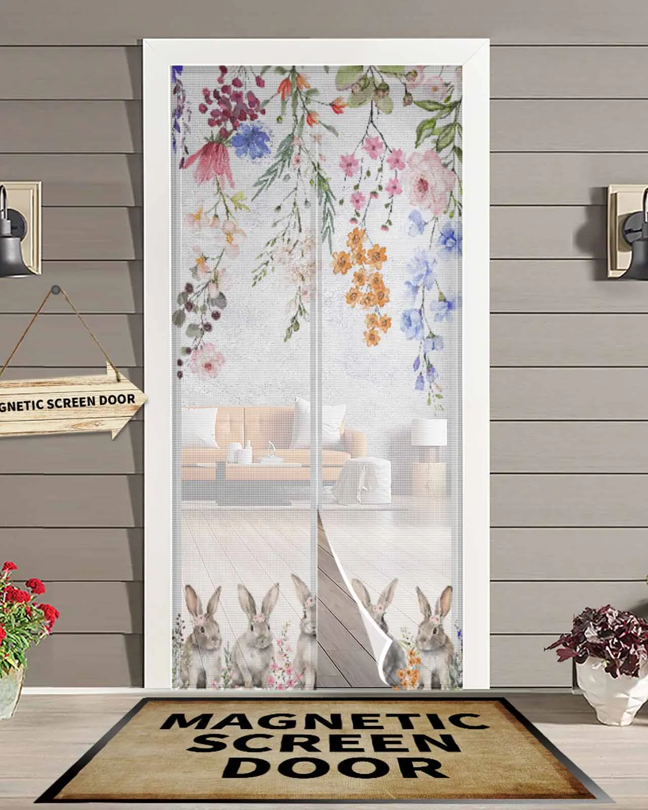 Easter Bunny Herbs Flowers Summer Magnetic Door Curtain Living Room Bedroom Home Anti-mosquito Screen Door Curtain