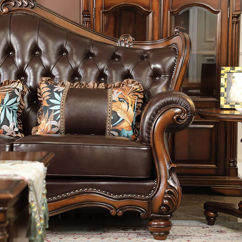 American solid wood leather sofa, retro high-end furniture, first layer cowhide combination