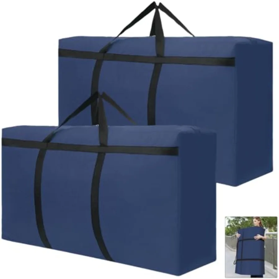 Lot de 2 sacs de rangement étanches bleus de 180 L, sacs de déménagement pliables pour vêtements avec poignée zippée