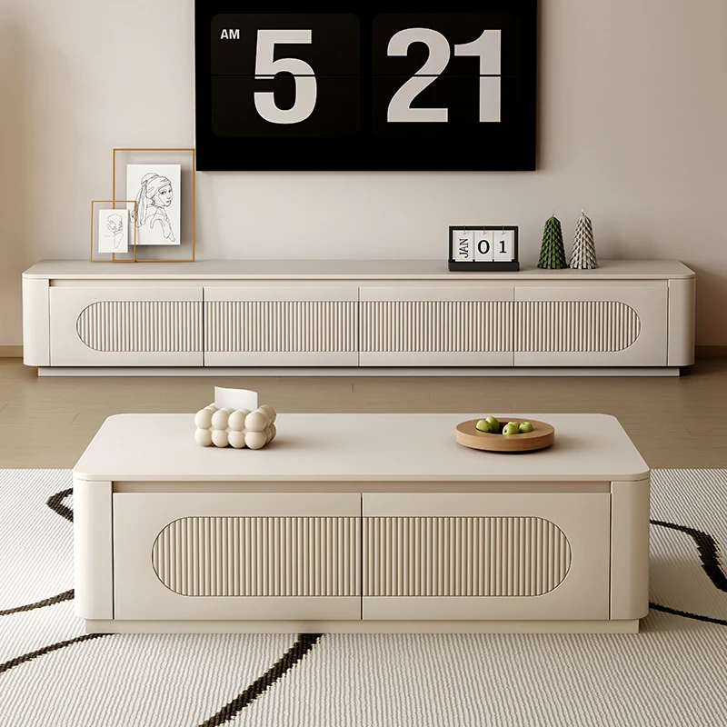 

Cream wind TV cabinet coffee table combination living room 2025 new household small apartment simple white solid wood floor cabi