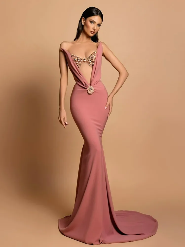 2024 New Women Sexy Strapless Diamonds Mesh Pink Maxi Long Bodycon Dress Elegant Party Evening Stage Performance Dress Vestido