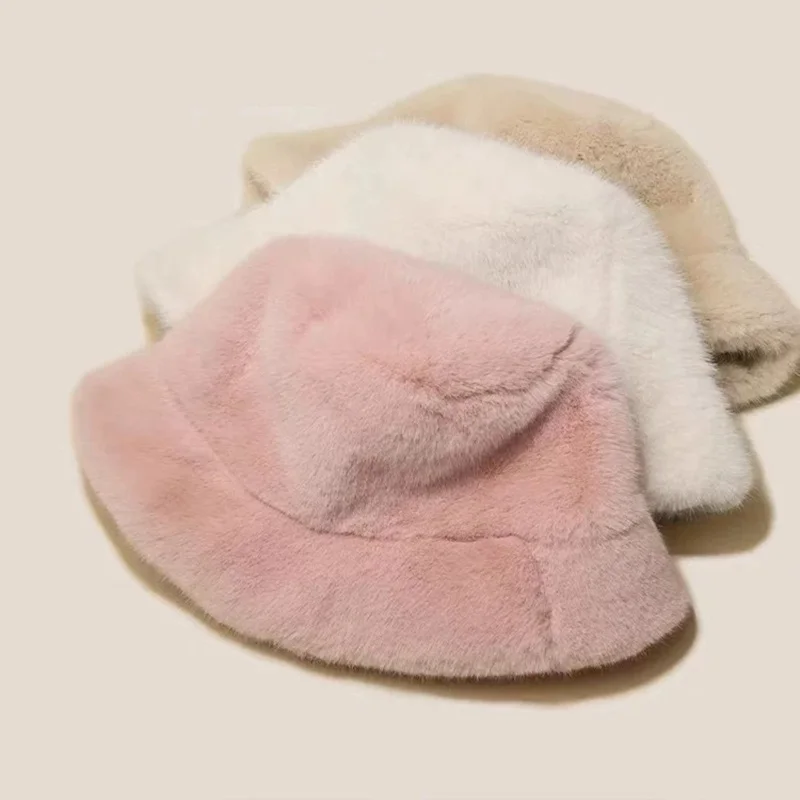 Solid Color Plush Fisherman's Hat for Women Winter Warm Fluffy Soft Bucket Hat