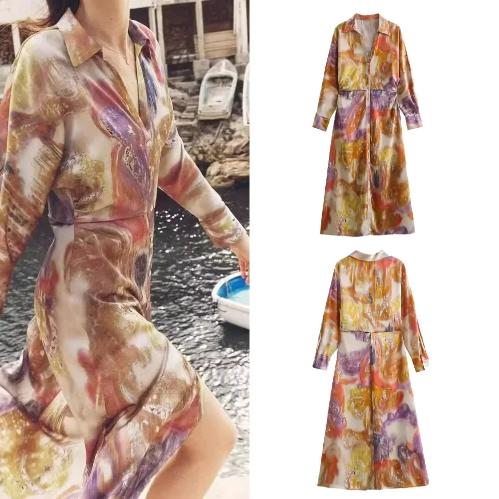 Primavera/verão novo em camadas tom impresso vestido de cetim de seda à beira-mar estilo de férias ao ar livre, casual