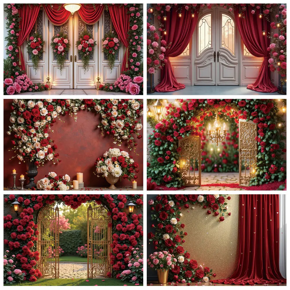 

MOON.QG Red Valentine's Day Photography Background Red Rose Arch Door Balloon Photozone Backdrop Child Studio Photocall Supplies