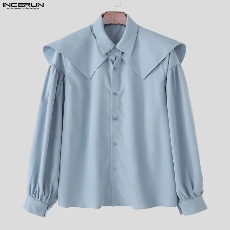 INCERUN 남성 셔츠 솔리드 컬러 라펠 긴 소매 버튼 캐주얼 남성 의류 루즈 스트리트웨어 패션 불규칙 셔츠 남성 상의