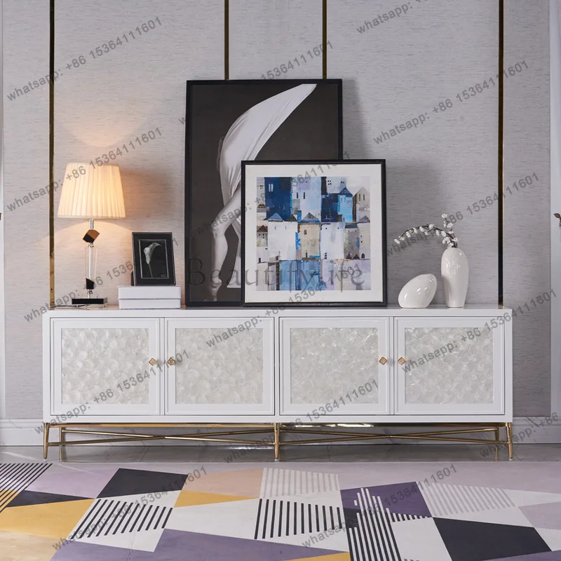American light luxury natural shell TV cabinet, white four-door solid wood audio-visual cabinet