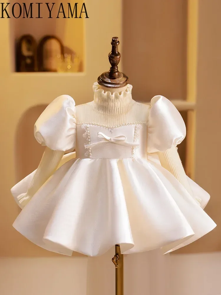 Customized V-back Simple Elegant Flower Girls Dresses O-neck Bow Trailing Design Baby Girl Birthday Robe Puff Sleeve Pleated Pri