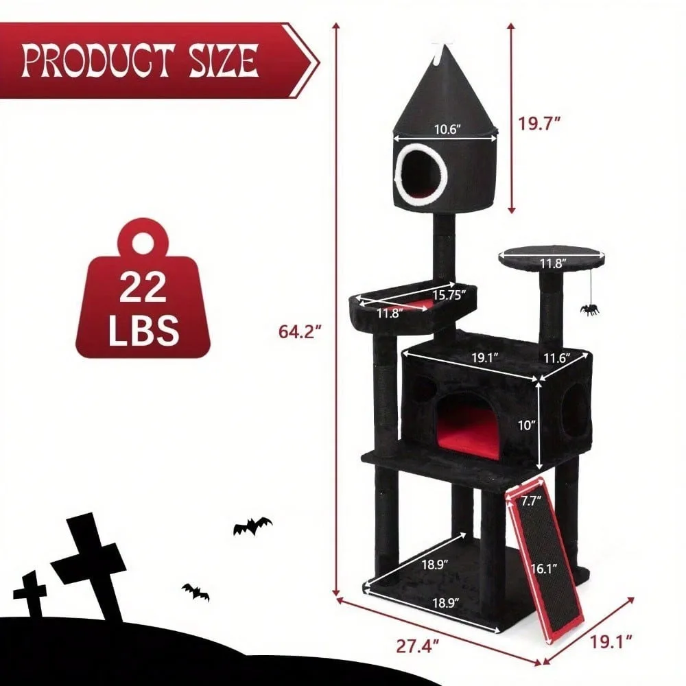 شجرة قطط قوطية مقاس 64 بوصة مع سرير نعش وبرج قطط داخلي مع منصة شقة
