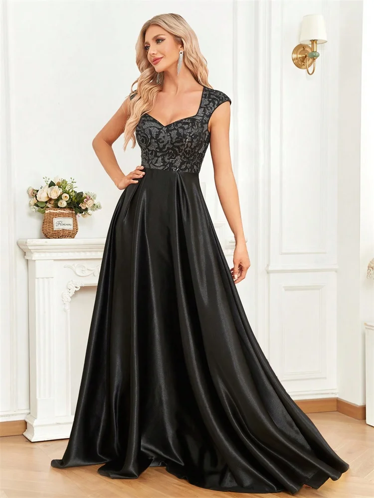 فستان سهرة رسمي أسود أنيق مزين بالترتر من Lucyinlove للنساء 2025 فاخر برقبة على شكل حرف U من الساتان للحفلات الراقصة بطول الأرض فستان حفلات الكوكتيل #3